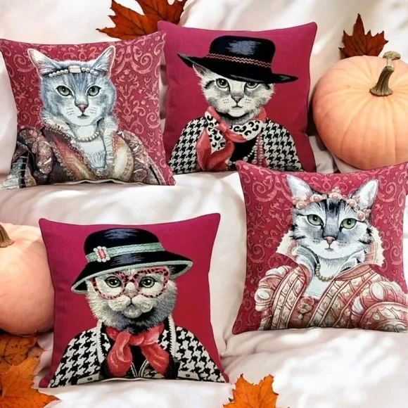Set Of 4 Adorable Lady Cat Pattern‎ Throw Pillow Covers  17.7/45cm x 17.7/45cm - Picture 3 of 12